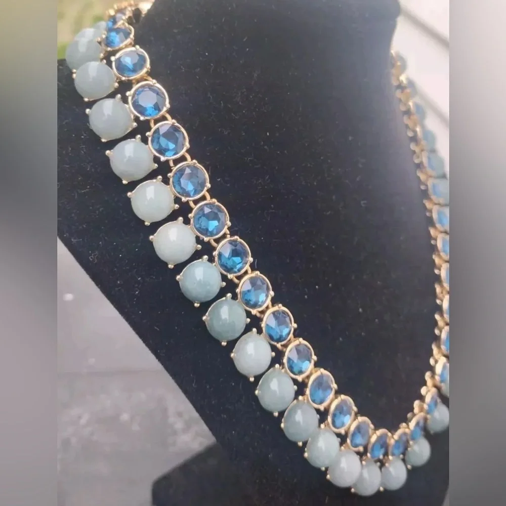 WHBM Gold Blue Double Row Statement Necklace | Genuine Jade & Glass Beads - Picture 4 of 6